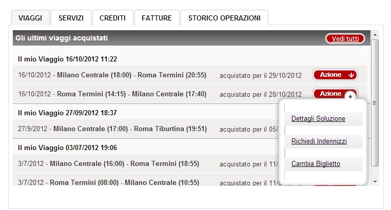 Menù azioni sul biglietto